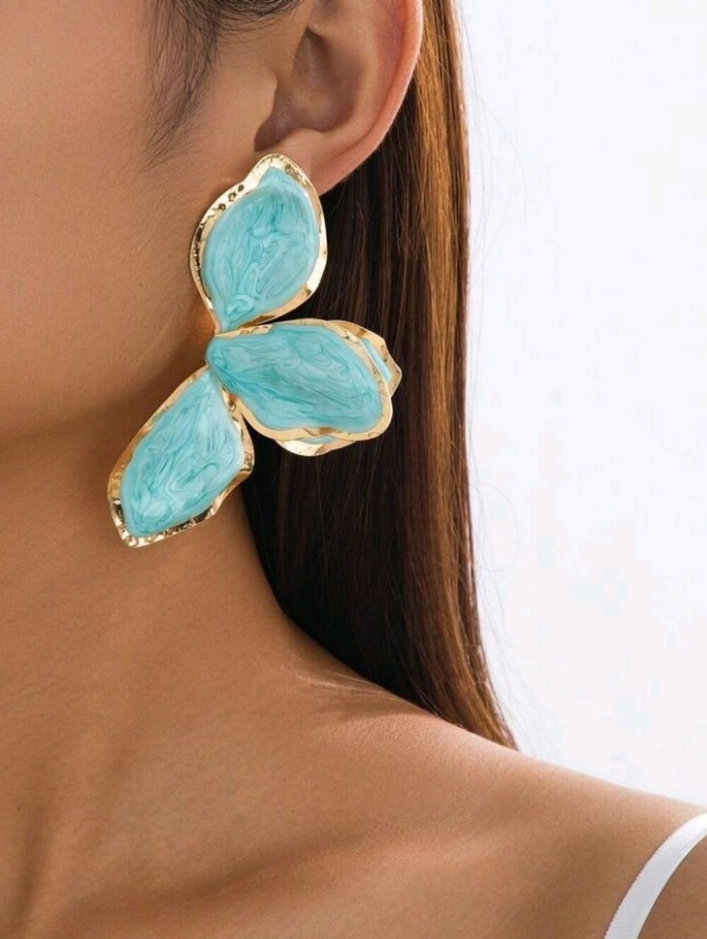 NEW! Gold Aqua Petal Statement Earrings - Elegant Women Jewelry